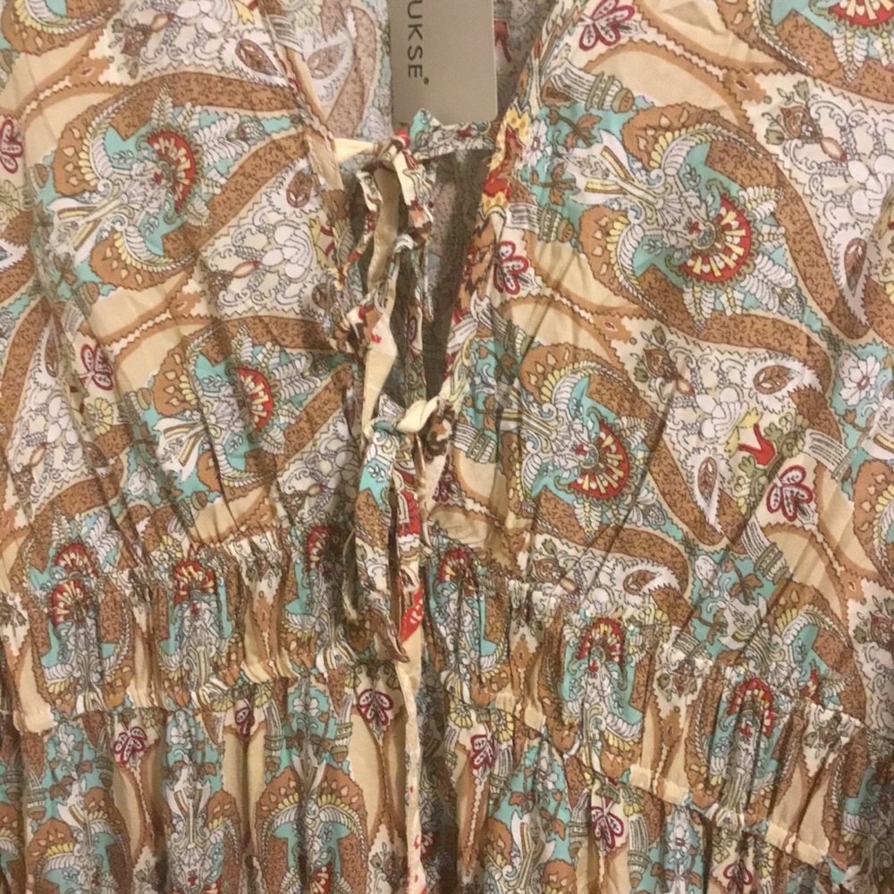 Bohemian Floral Print Woven Bell Sleeve Flounce Peasant Maxi  Hippie Dress L - Picture 11 of 12